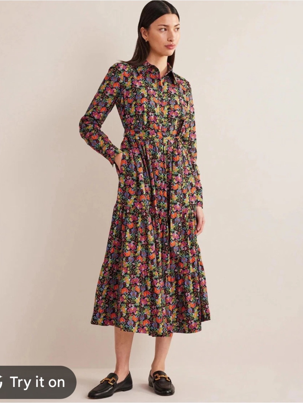 Boden Tiered‎ reShirt Dress Floral Multicolor Women size 10 Petite Long Sleeve